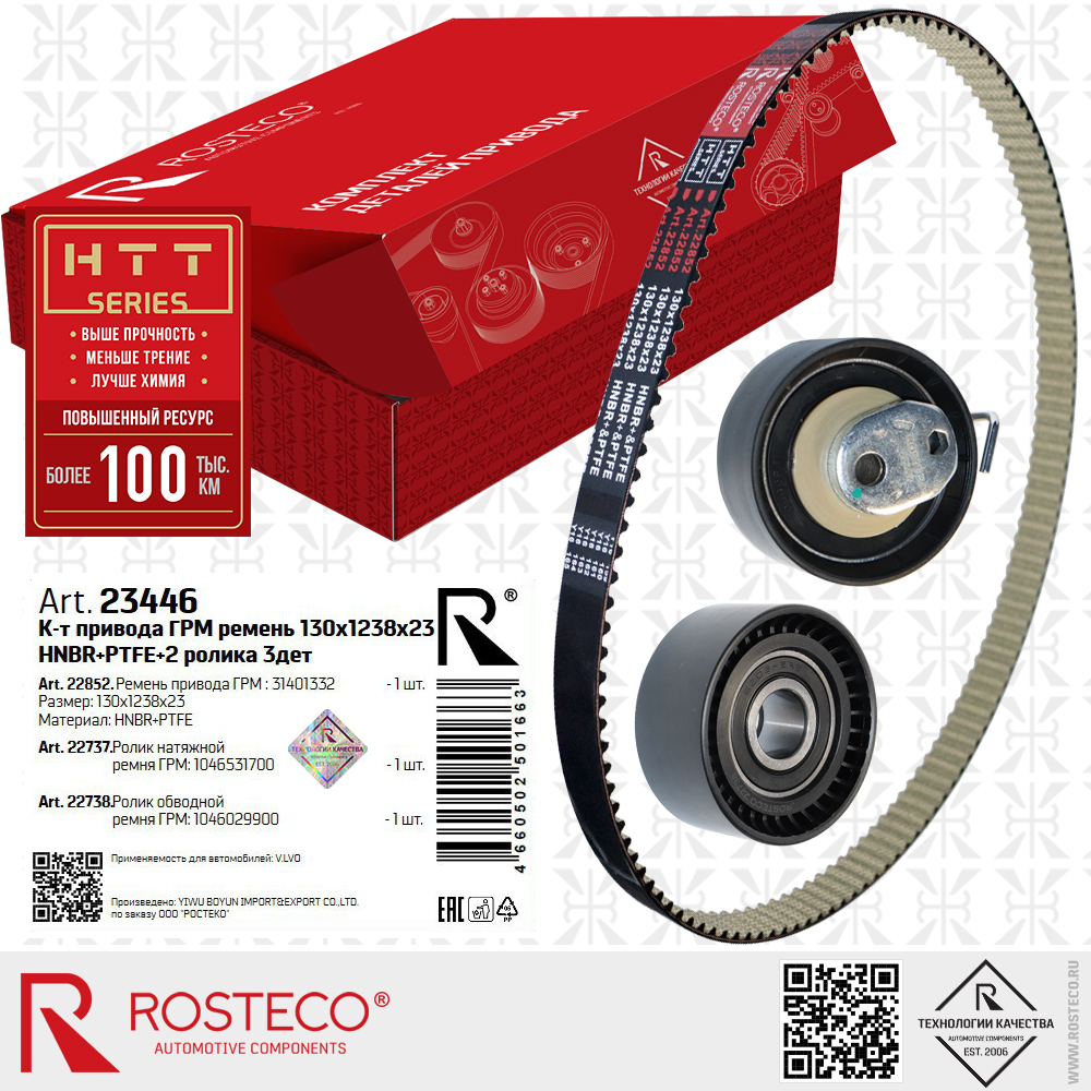 Ремень ГРМ 31401332 (HNBR+PTFE 130х1238х23 HTT серия) с роликами 1046531700, 1046029900 для а/м VOLVO, к-т 3 дет, ROSTECO Ремень ГРМ 31401332 (HNBR+PTFE 130х1238х23 HTT серия) с роликами 1046531700, 1046029900 для а/м VOLVO, к-т 3 дет, ROSTECO
